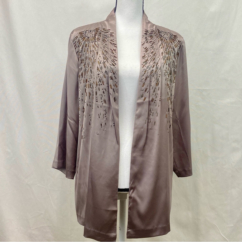 Chico’s NWT Beaded Satin Open Duster Jacket Sz 2 Large Champagne Taupe Art Deco